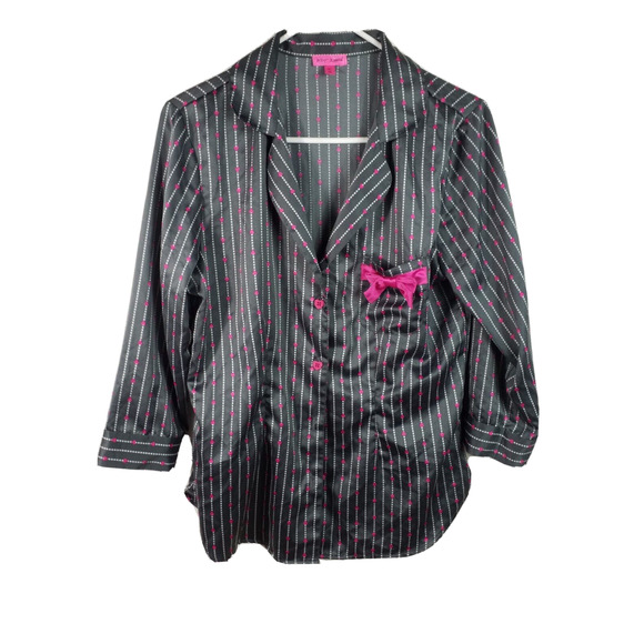 Betsey Johnson Pink Bow Print Blouse | Size Medium | Button Front - Picture 1 of 8
